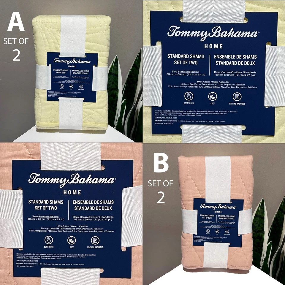 JUEGO DE 2 TOMMY BAHAMA Almohadas Fundas Algodón Estándar Geo Acolchadas Rosa Hoja Amarilla Foto 1 de 1