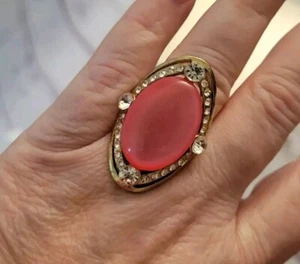 Large Coral And Clear Crystal Ring One Size - Picture 1 of 4