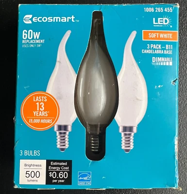 3pk EcoSmart LED Bulbs Candelabra Soft White 2700K Dimmable Bent Tip 265455 - Image 1 of 4