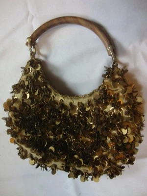 Women's Golden Brown Purse Size Small Wooden Handle Button Close New   - Image 1 of 3