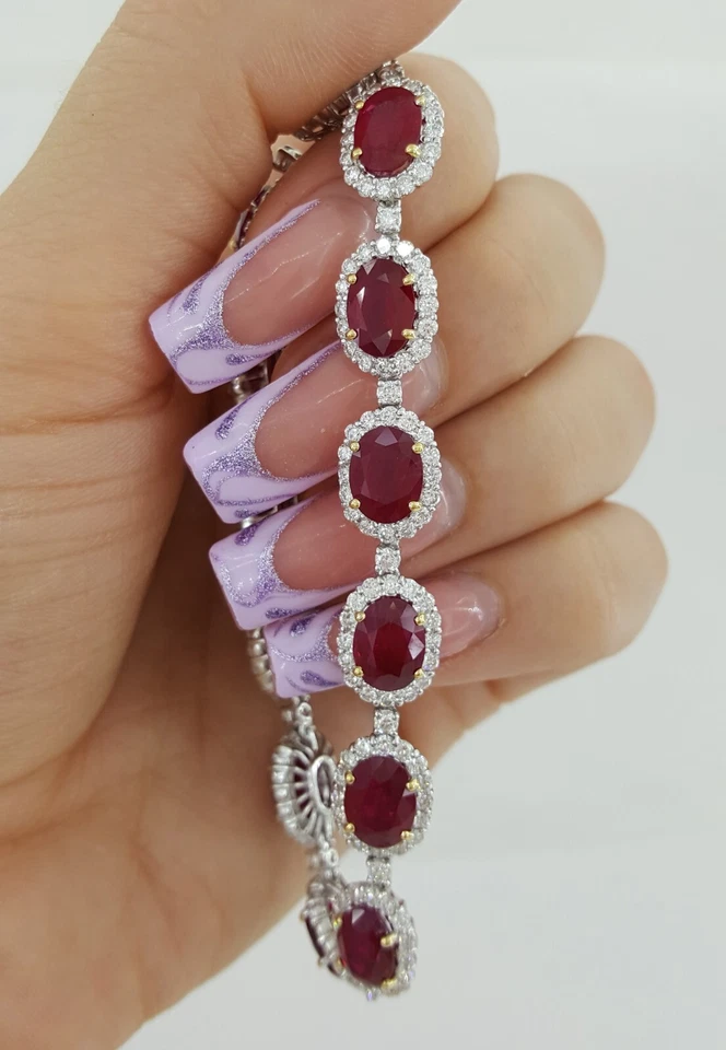 Oval Burma Pigeon Blood Ruby & Diamond 18k 2-Tone Gold Bracelet 24.5 ct Rt $180K - Image 1 of 4