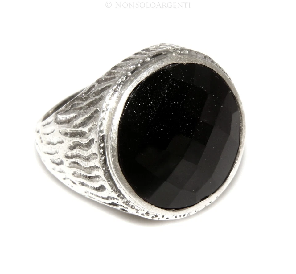 ANELLO UOMO TOPPA MASSICCIO ARGENTO 925 ONICE TONDA SFACCETTATA ANTICATO mis 22 - Immagine 1 di 1
