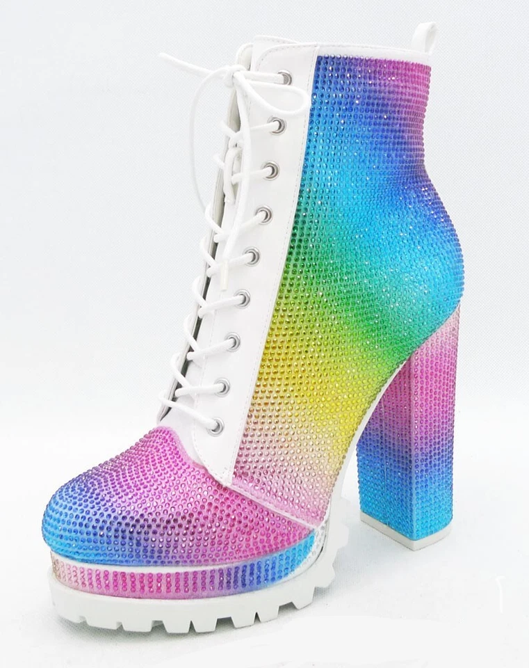 Botas de combate de tacón grueso con estrás arco iris blancas  Foto 1 de 1