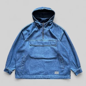 Levi’s Vintage 90s Men’s Blue Herringbone Denim Hooded Anorak Jacket – Size M - Picture 1 of 21