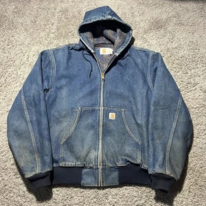 Vintage Carhartt Denim Hooded Jacket Size XL Aztec Lined ASAP Rocky Faded Jean - Picture 1 of 13