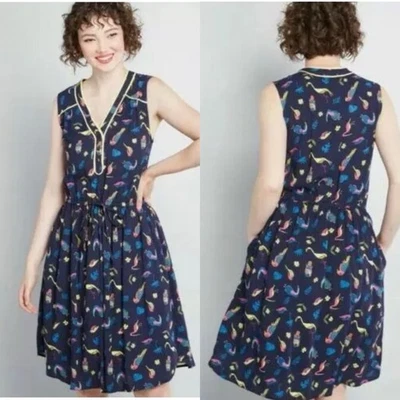 Vestido ModCloth Talla XS Azul Marino Café Au Soleil Tropical Birds Sin Mangas  Foto 1 de 4