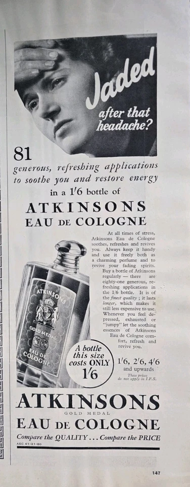 1937 Atkinson's Gold Medal Eau De Cologne after that headache Vintage ad - Image 1 of 1