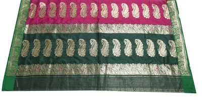Sushila Vintage Green Banarasi Sari Remnant Scrap Pure Silk Woven Craft Fabric - Image 1 of 4