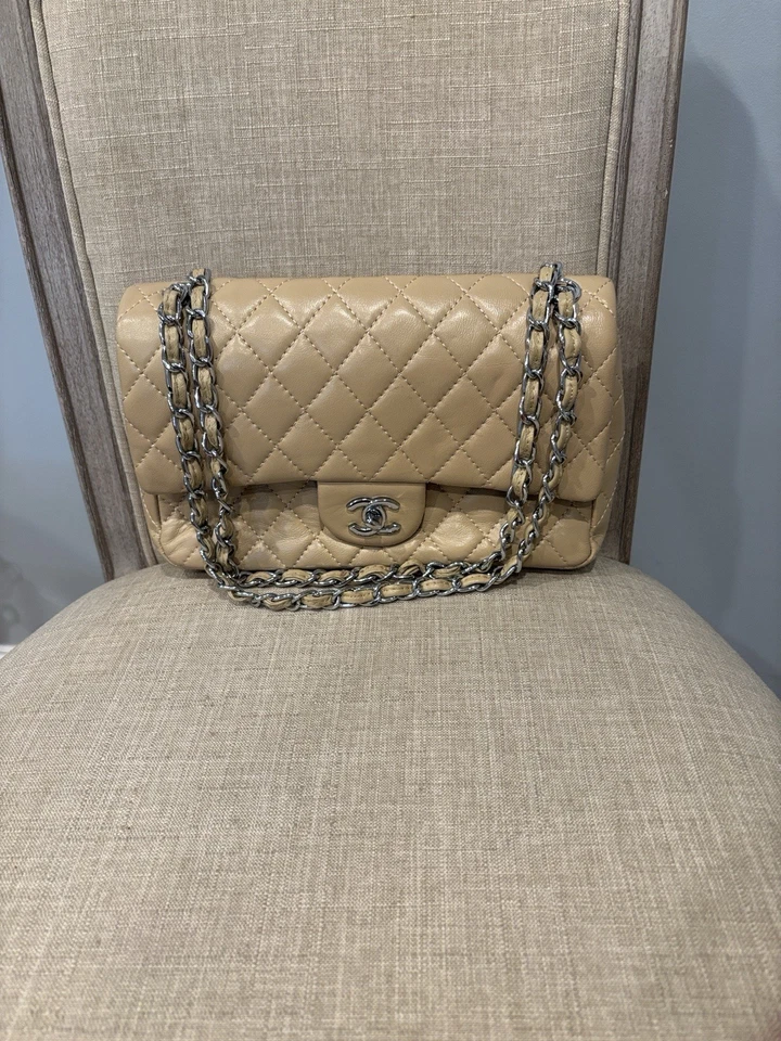 Bolso Cartera de Hombro Acolchado Cuero Doble Solapa Tostado Plata Herrajes Foto 1 de 4