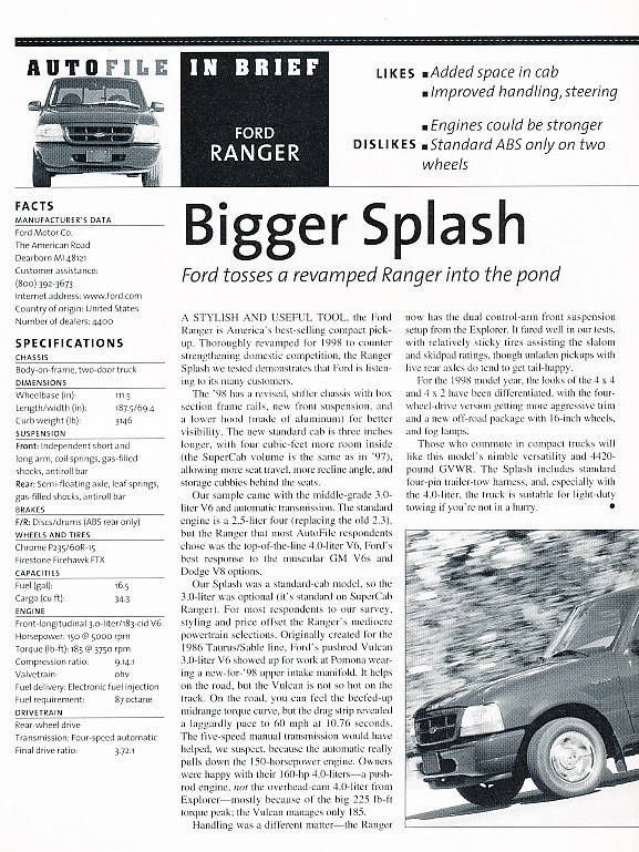 1998  Ford Ranger Pickup Truck - Road Test - Classic Article D35 Foto 1 de 1