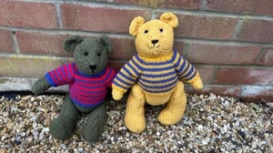 Two hand knitted soft toys. Knitted Bears Gift for Grandchild Teddies in jumpers - Picture 1 of 3