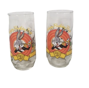 Vintage Warner Bros Happy Birthday Bugs Bunny 50th Anniversary Glasses Set of 2 - Picture 1 of 4