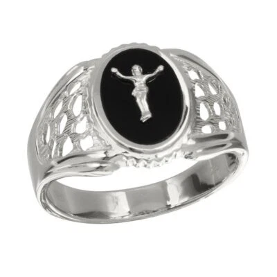 Men's Sterling Silver Round Shape Onyx Crucifix Ring - Image 1 of 3