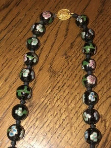 Large Vintage Chinese Black Cloisonne Floral Knotted Bead Necklace 26” - Picture 1 of 17