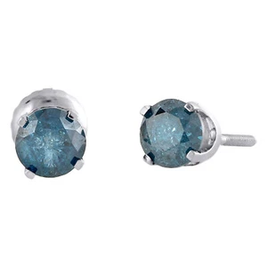 14K White Gold Round Cut Solitaire Blue Diamond 4 Prong Studs 5mm Earrings 1 CT. - Picture 1 of 5