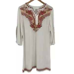Paparazzi Gianna Leinenmischung bestickt knielanges Kleid elfenbein Boho Medium - Bild 1 von 6
