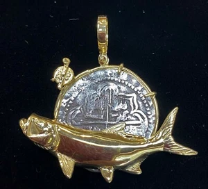 ATOCHA Coin Pendant Tarpon Fish Rod Reel Gold Overlay Sterling Silver Jewelry - Picture 1 of 9