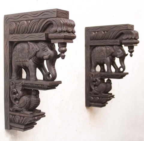 Wooden Wall Bracket Elephant Statue Vintage Home / Garden /Temple Entrance Decor Cover