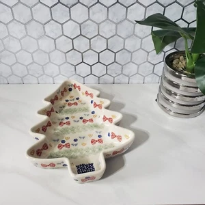 Polish Pottery Manufaktura Boleslawcu Christmas Tree Candy Dish Bows Snowflake - Picture 1 of 12
