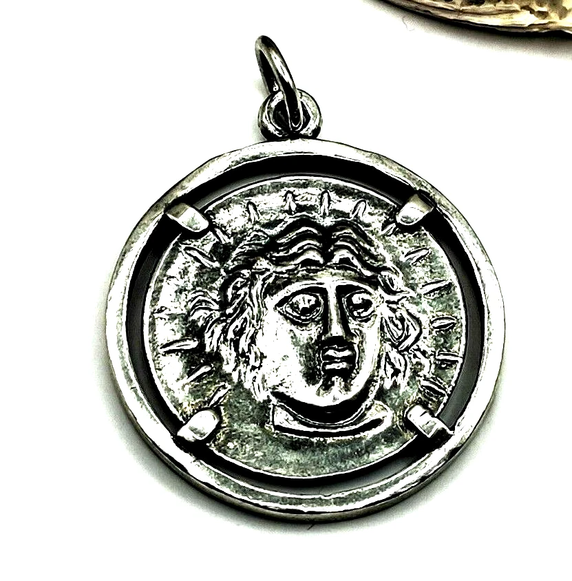 Ancient Greek Coin Apollo God Of Sun Helios Sterling Silver 925 Pendant - Image 1 of 4