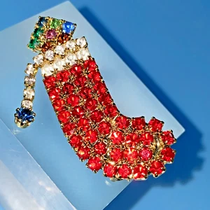 Stocking Brooch Red-Clear & Multi-Color Faceted Prong Set Stones Gold-Tone VTG - Picture 1 of 10