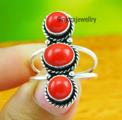 Кольцо с драгоценным камнем красным кораллом серебро 925 пробы подарок ручной работы размер США от 5 до 10 - Изображение 1 из 4