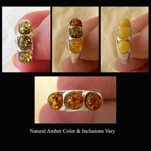 BALTIC MULTICOLOR BUTTERSCOTCH GREEN HONEY AMBER & SILVER THREE-STONE RING BAND - Picture 1 of 26