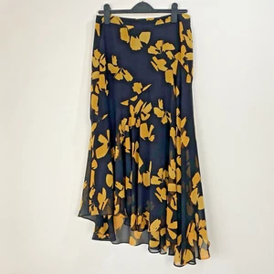 MInt Samtrock Damen Größe 10 Schwarz Gelb Blumenmuster Asymmetrisch Midi Chiffon Reißverschluss - Bild 1 von 7