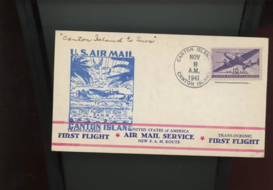 1941 correo aéreo de EE. UU. Primera cubierta de vuelo FAM 19 Canton Island a Suva Fiji. (goo3 Foto 1 de 1