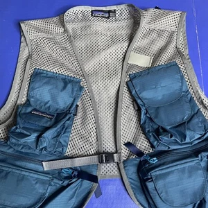 Patagonia Vintage Maglia Pesca a Mosca Gilet RN 51884 Taglia Media Blu Beige Shortie - Foto 1 di 21