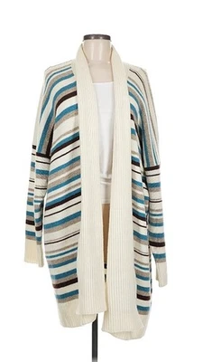 EUC! 2X 3X ESKANDAR Cream Multi Cashmere Shawl Collar Striped Long Cardigan - Image 1 of 4
