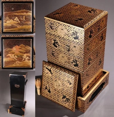 Caja japonesa de 5 niveles Jubako Bento Makie paisaje laca con soporte usada automática Foto 1 de 4