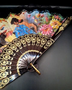 Vintage spanischer Damen Handfächer Matador Stierkämpfer verzierter Metallgriff 10" - Bild 1 von 5