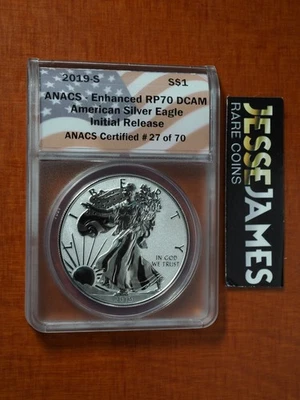 2019 S ENHANCED REVERSE PROOF SILVER EAGLE ANACS RP70 DCAM INITIAL RELEASE LABEL - Image 1 of 3