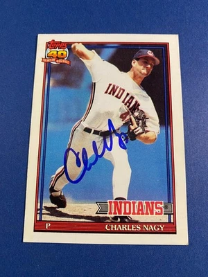 CHARLES NAGY 1991 TOPPS #466 AUTO SIGNED CLEVELAND GUARDIANS ANGELS UCONN - Image 1 of 2