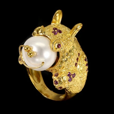 925 Sterling Silver Ring Round Pearl 13mm Amethyst Gemstone Moo-Deng Jewelry - Image 1 of 4