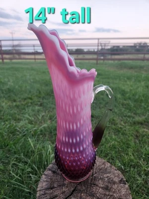 Fenton  14” Plum Opalescent Hobnail Swung Pitcher Vase with Clear Bamboo Handle - Image 1 of 4