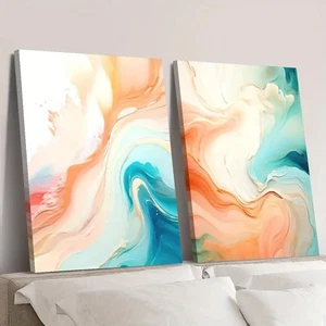 2pcs Abstract Blue & Orange Pigment Wall Art Canvas Unframed - Picture 1 of 5