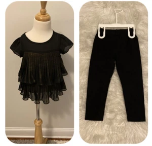 DKNY Black Bronze Chiffon Pleated Tiered Top Leggings Set size 4 - Picture 1 of 9
