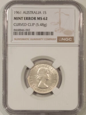 1961 AUSTRALIA SILVER 1 SHILLING MINT ERROR, CURVED CLIP (5.48G) - NGC MS-62 - Image 1 of 3