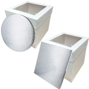 Tall White Cake Box, Extra Deep with Clear Display Window & Silver Cake Drum Set - Picture 1 of 7