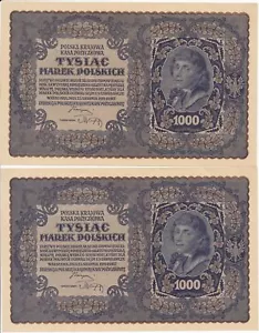 RC0241 Poland 1919 1000 Marek Polskich 2 consecutive notes AU combine shipping - Picture 1 of 2