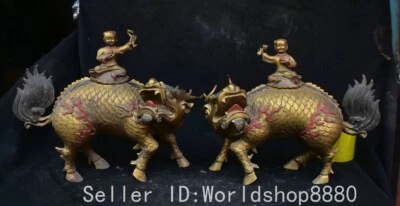 Antigua pintura china de bronce de 14,8" Tongzi Kylin unicornio Qilin bestia olla tanque par Foto 1 de 4