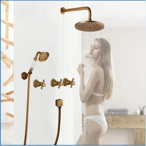 Bathroom Wall Mount Shower Faucet Sets Round Rain Head Handheld Tap Anique Brass - Bild 1 von 7