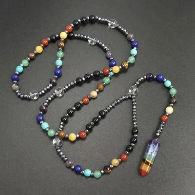 7 Chakras Crystal Point Pendant Multicolor Gemstone bead 30” Long Necklace Gift - Image 1 of 4