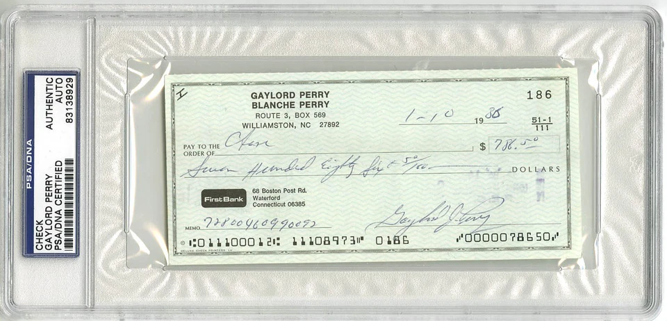 Gaylord Perry SIGNED PERSONAL CHECK San Francisco Giants PSA/DNA AUTOGRAPHED - Image 1 of 1