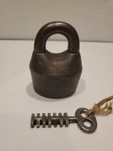 Antique 1800's 4"  Scandinavian Nordic Padlock, Cast Iron  W/ Puzzle Lock Key - Picture 1 of 7