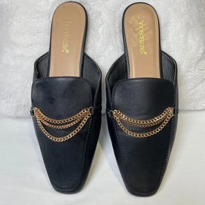 ShoeDazzle Mules Slides Black Gold Chain Detail Square Toe US 9 EU 40 - Picture 1 of 6