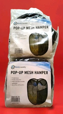 2 Pk Black Handy Laundry Collapsible Mesh Pop Up Hamper Wide Opening Side Pocket - Image 1 of 4
