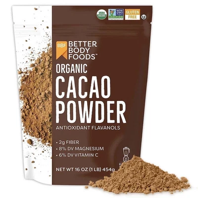 Cacau em pó orgânico BetterBody Foods, sem glúten, 16 oz - Imagem 1 de 4